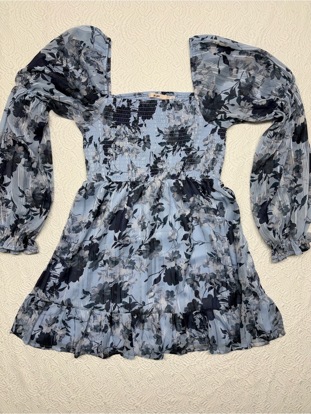 Mi Ami Pale Blue and Black Floral Smocked Mini Dress